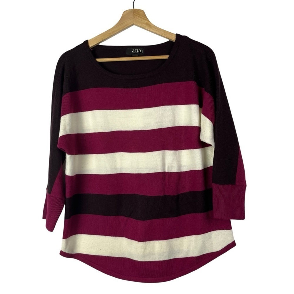 A.N.A Petite Burgundy Red & Pink Stripe Long Sleeve Knit Top PM